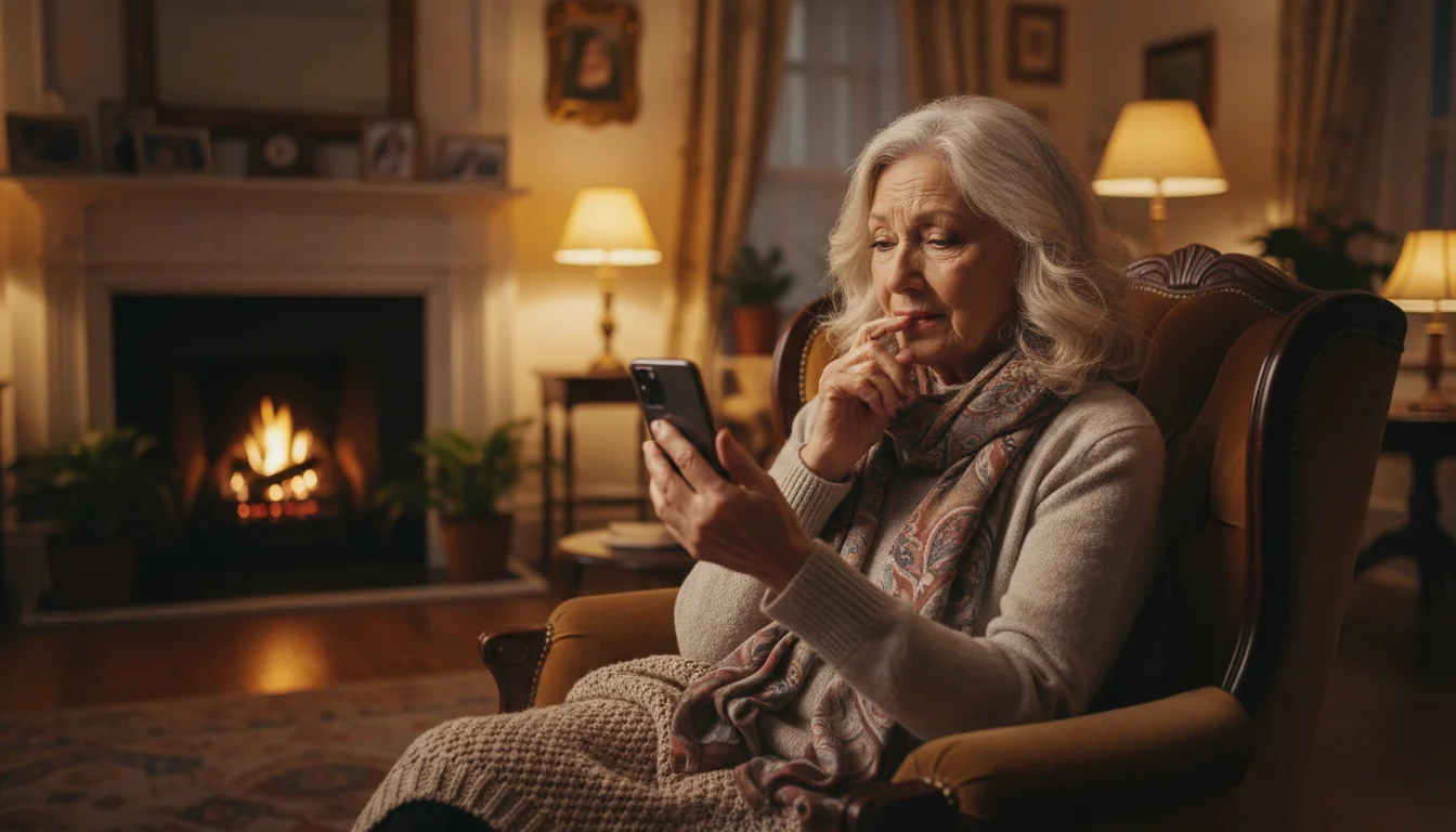 An older woman with a thoughtful, slightly concerned expression looks at her smartphone while sitting comfortably in an armchair.