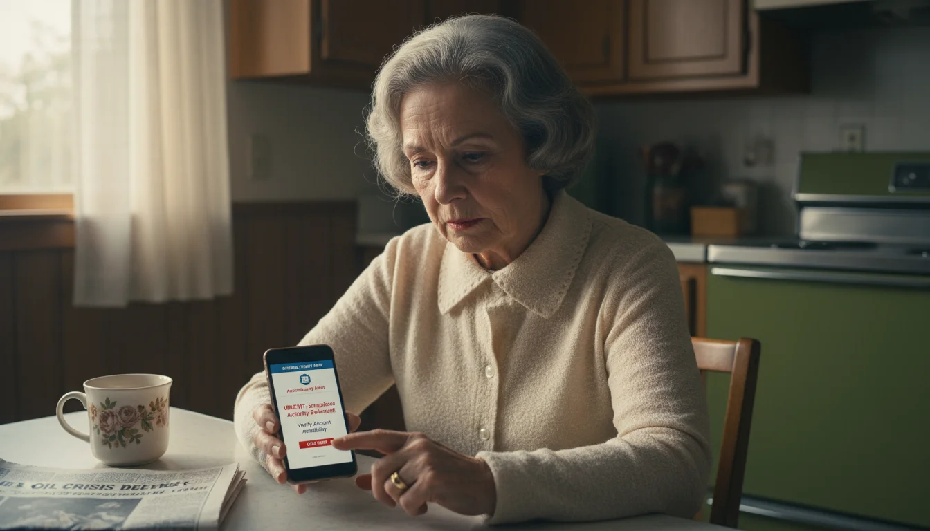 An older woman with a thoughtful expression looks at her smartphone displaying a fake bank alert, her hand hovering over the screen.