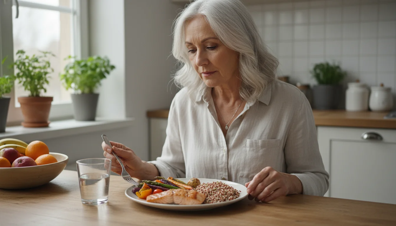 An older woman with a thoughtful expression looks at a plate of healthy food, including salmon, vegetables, and quinoa, on a table.