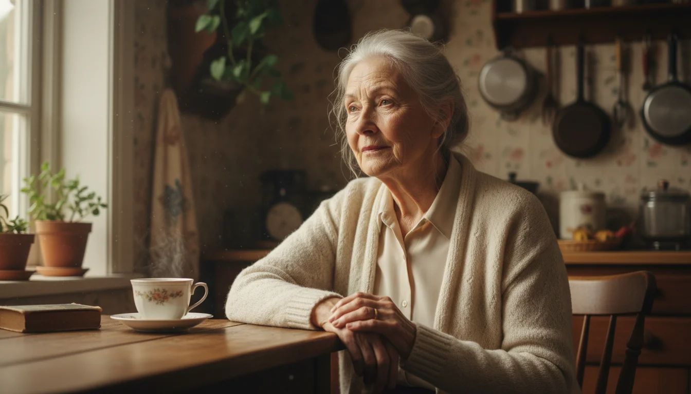 An older woman with a thoughtful expression sits at a kitchen table, a teacup in front of her, looking slightly off-camera.