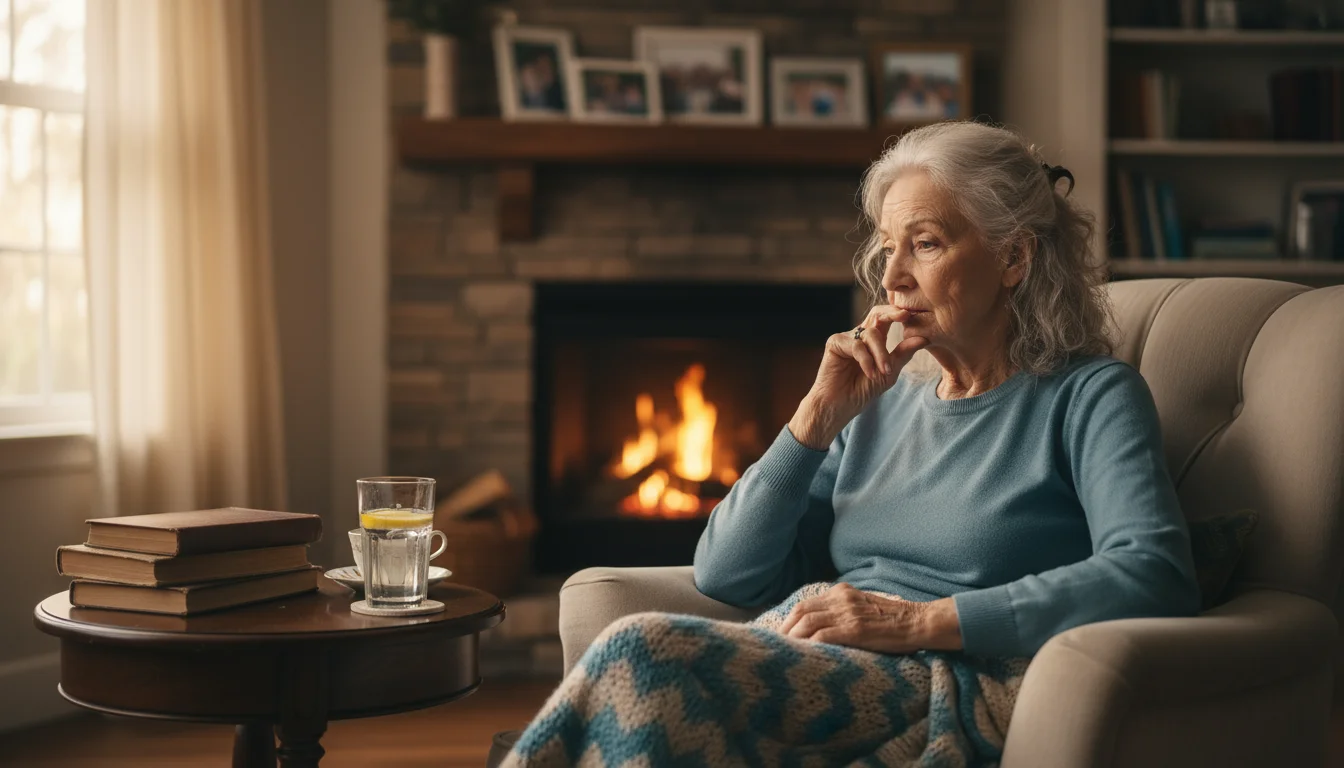 An older woman with a thoughtful expression subtly touches her lips, looking towards a glass of water on a nearby table, indicating early awareness of