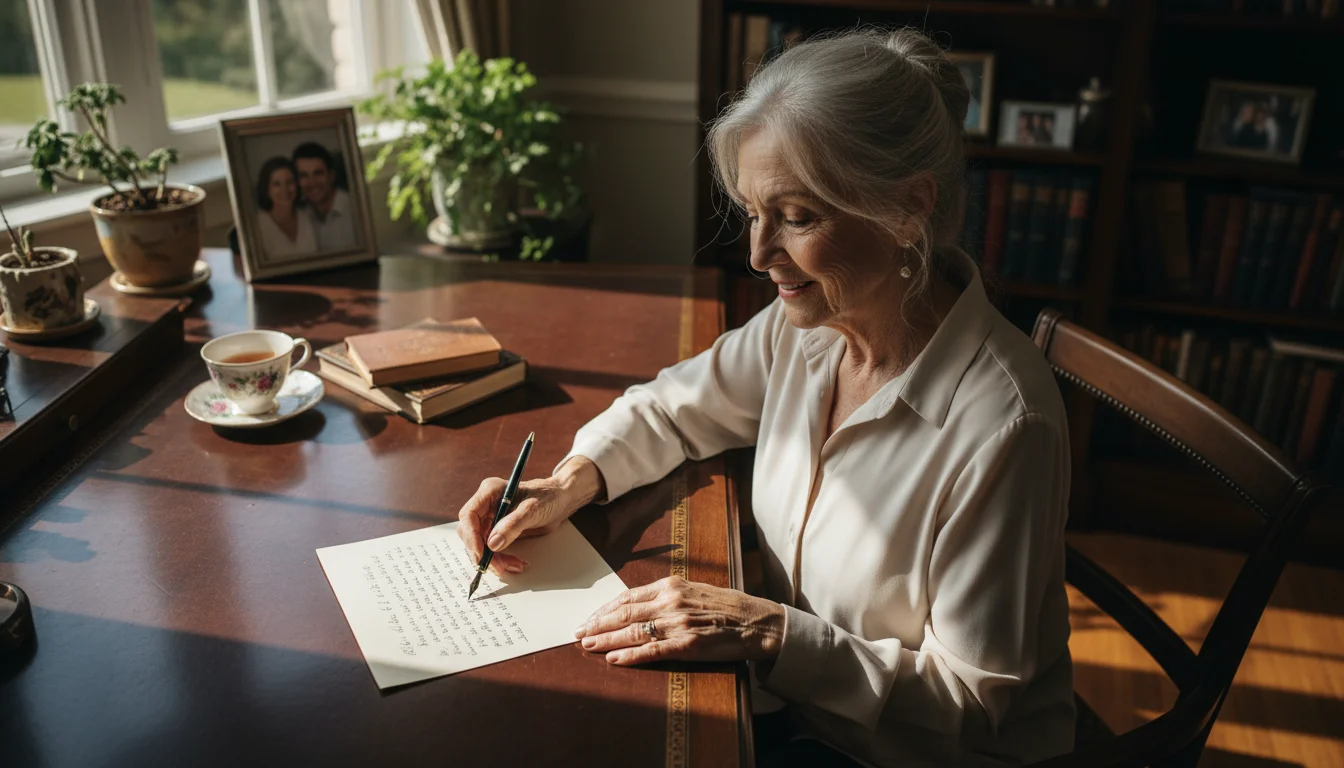 Older woman with a thoughtful expression, writing a personal letter by hand at a wooden desk, a framed family photo softly blurred in the background.