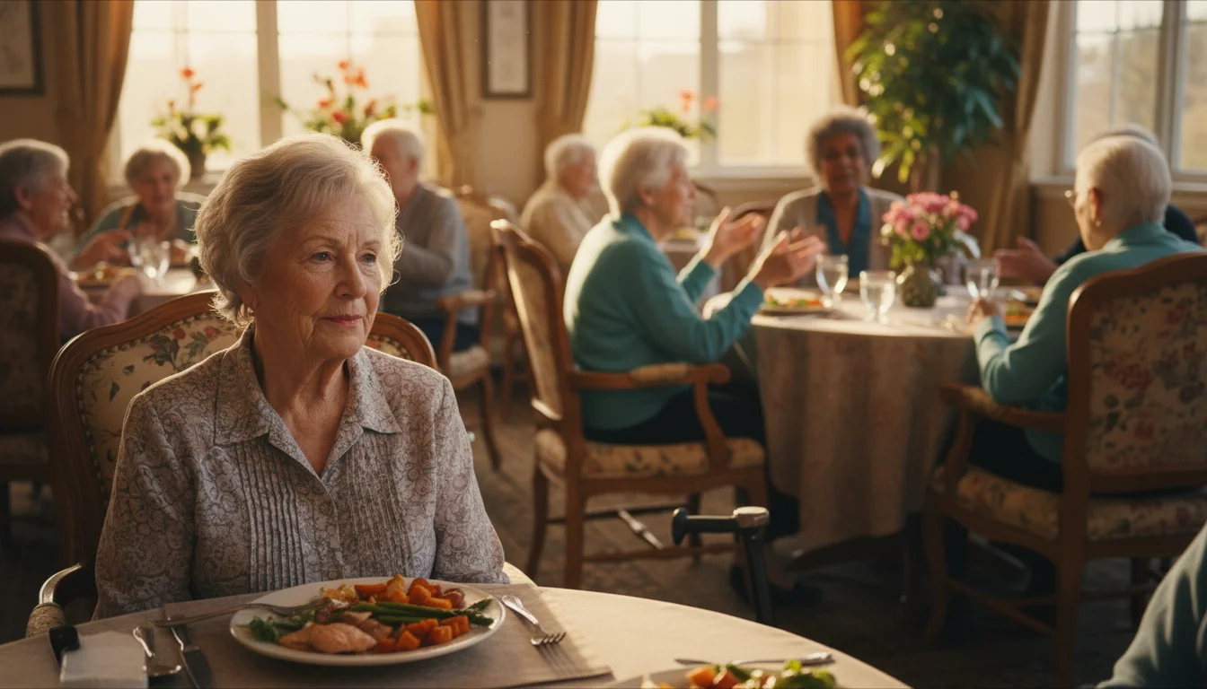 An older woman with a thoughtful smile observes other residents dining and chatting in a bright, bustling retirement community dining room.