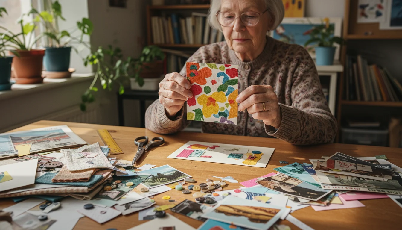 Older woman thoughtfully choosing a colorful magazine clipping to add to a handmade greeting card, surrounded by repurposed craft supplies.