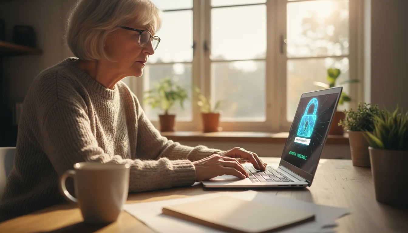An older woman, thoughtfully focused at her kitchen table, looks at her laptop. On the screen, a glowing, multi-layered digital padlock symbolizes str