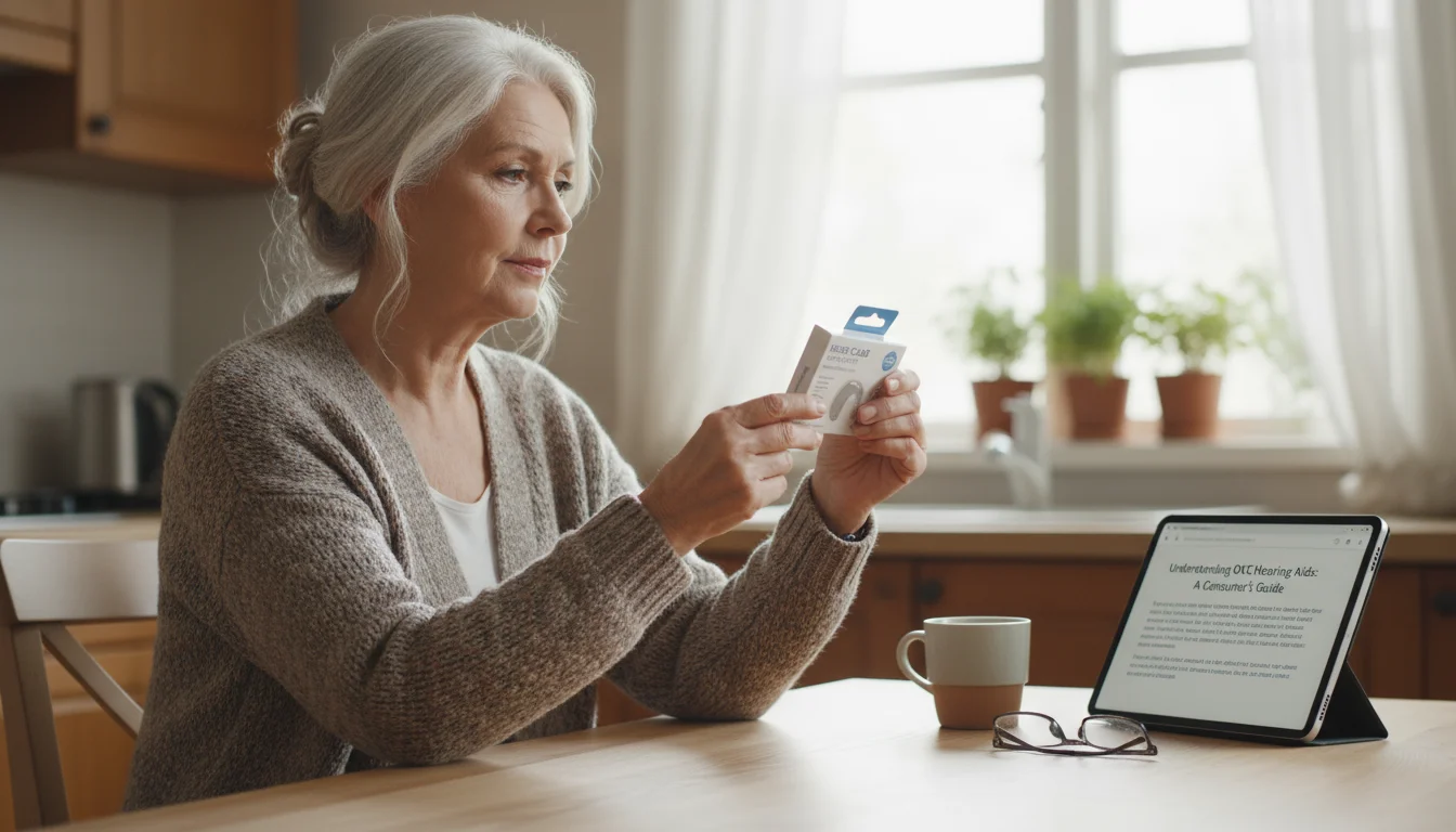 An older woman thoughtfully holds an over-the-counter hearing aid package at her kitchen table, with an audiologist's website visible on her tablet in