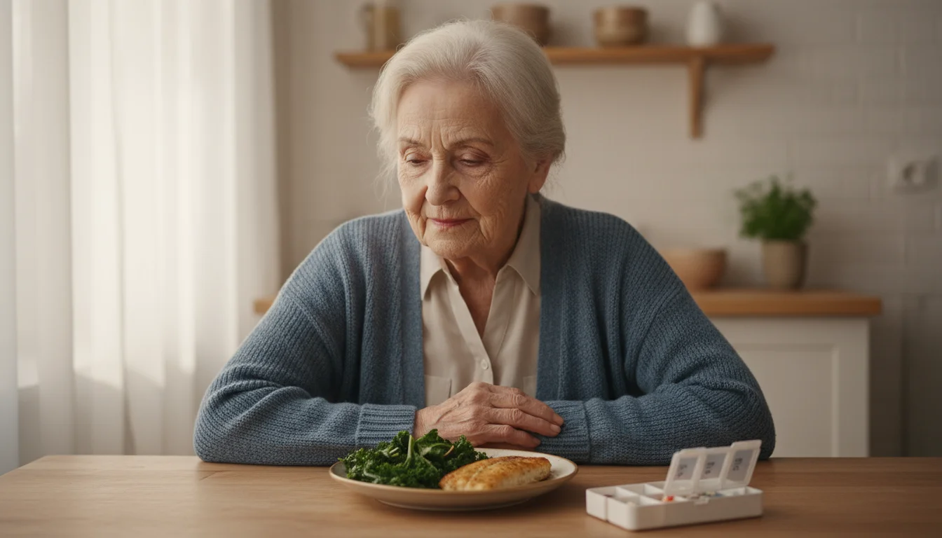 An older woman thoughtfully looks from her plate of healthy food to her weekly pill organizer on a kitchen table.