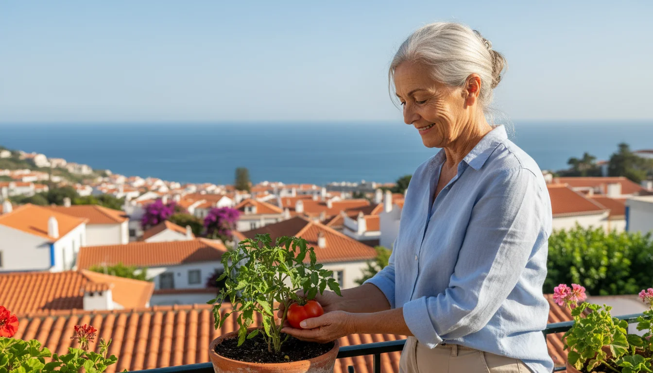 An older woman tending a tomato plant on a balcony overlooking terra-cotta roofs and the blue Atlantic Ocean in Portugal.