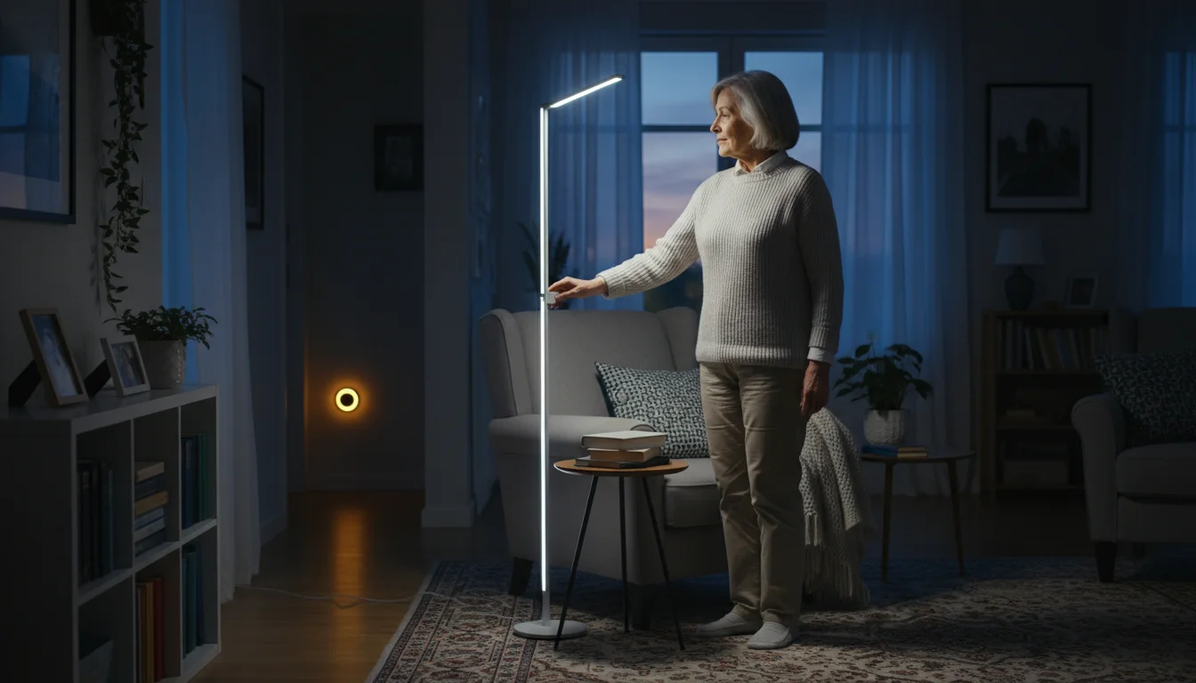 An older woman turns on a modern floor lamp, brightening her living room with clear light. A subtle nightlight glows in a distant hallway.