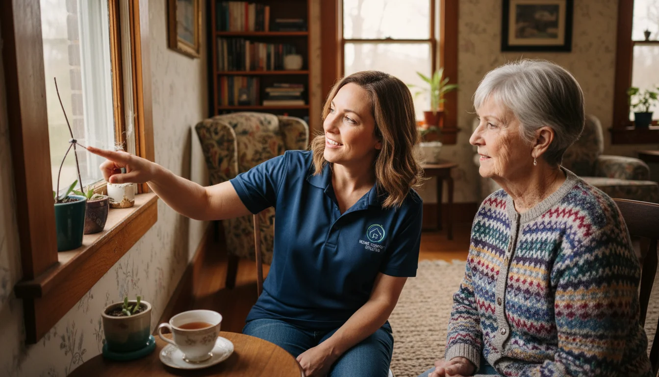 An older woman and a utility representative inspecting window weather stripping during an in-home energy audit, focused on energy savings.