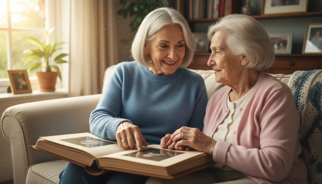 An older woman volunteer sharing a photo album and a warm smile with another senior on a sofa in a sunlit living room.