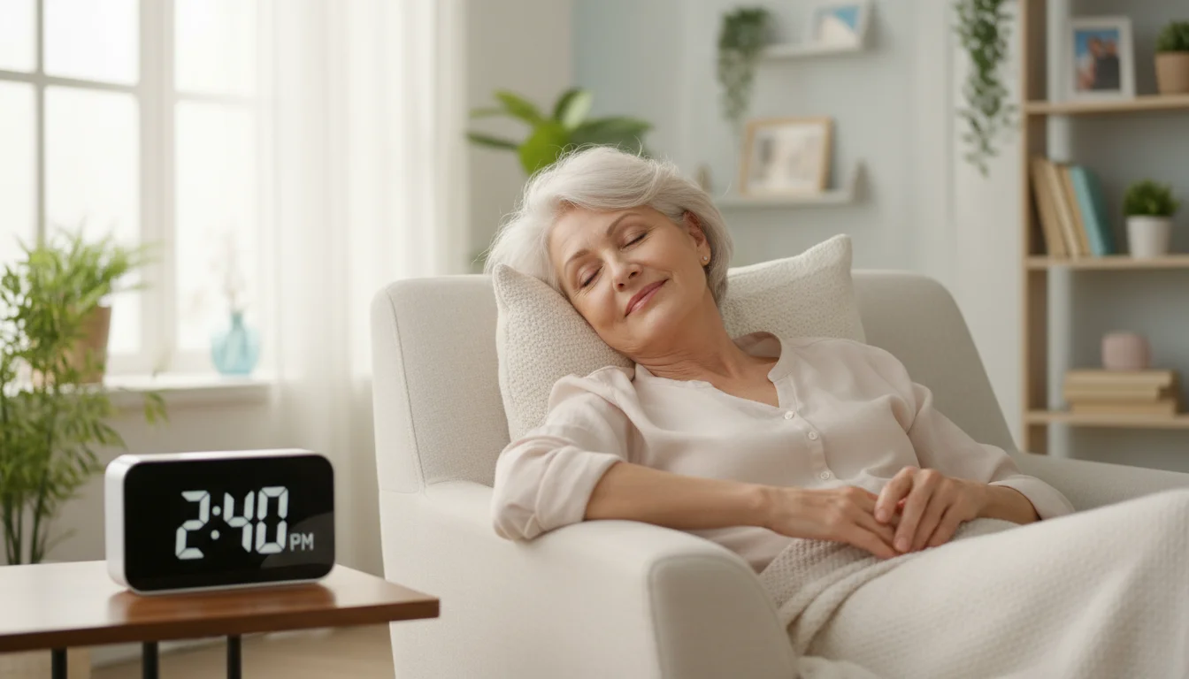 An older woman wakes from a brief nap on a comfortable armchair. A digital clock on a side table reads 2:40 PM, and she looks refreshed.