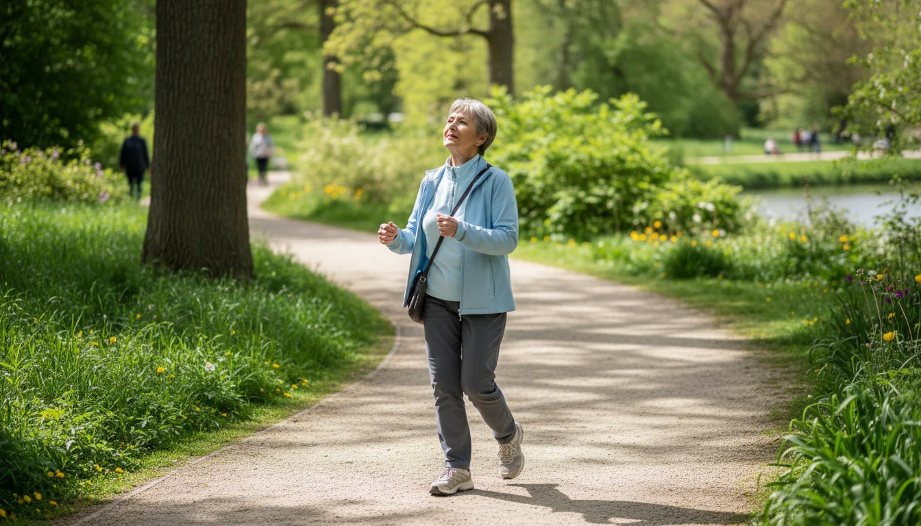 Older woman walking on a park path, head up, shoulders relaxed, arms swinging naturally.