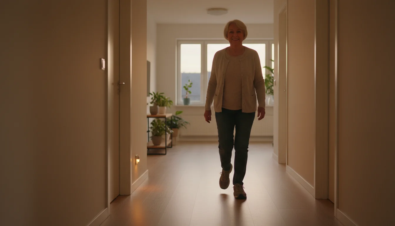 An older woman walks confidently down a well-lit, clear hallway, wearing supportive shoes. A nightlight glows softly.