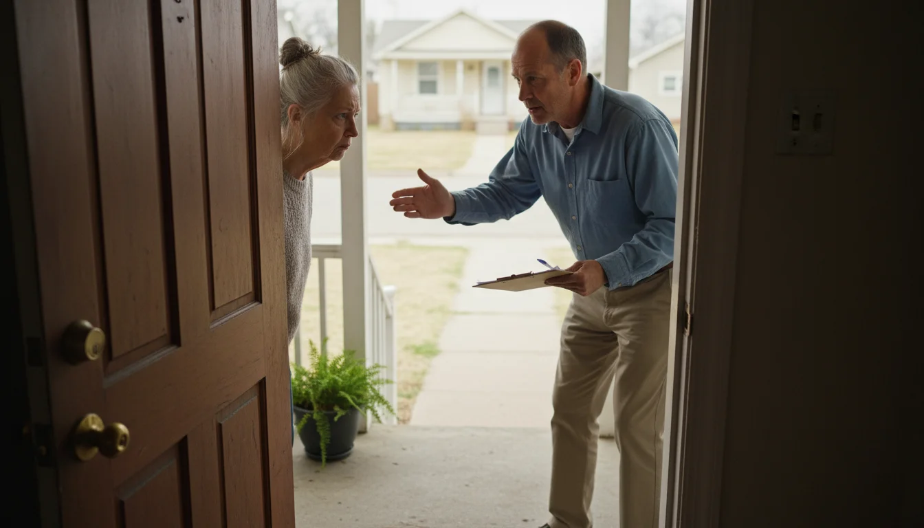Older woman warily peeking through a slightly ajar door at an unkempt man on her porch holding a clipboard.