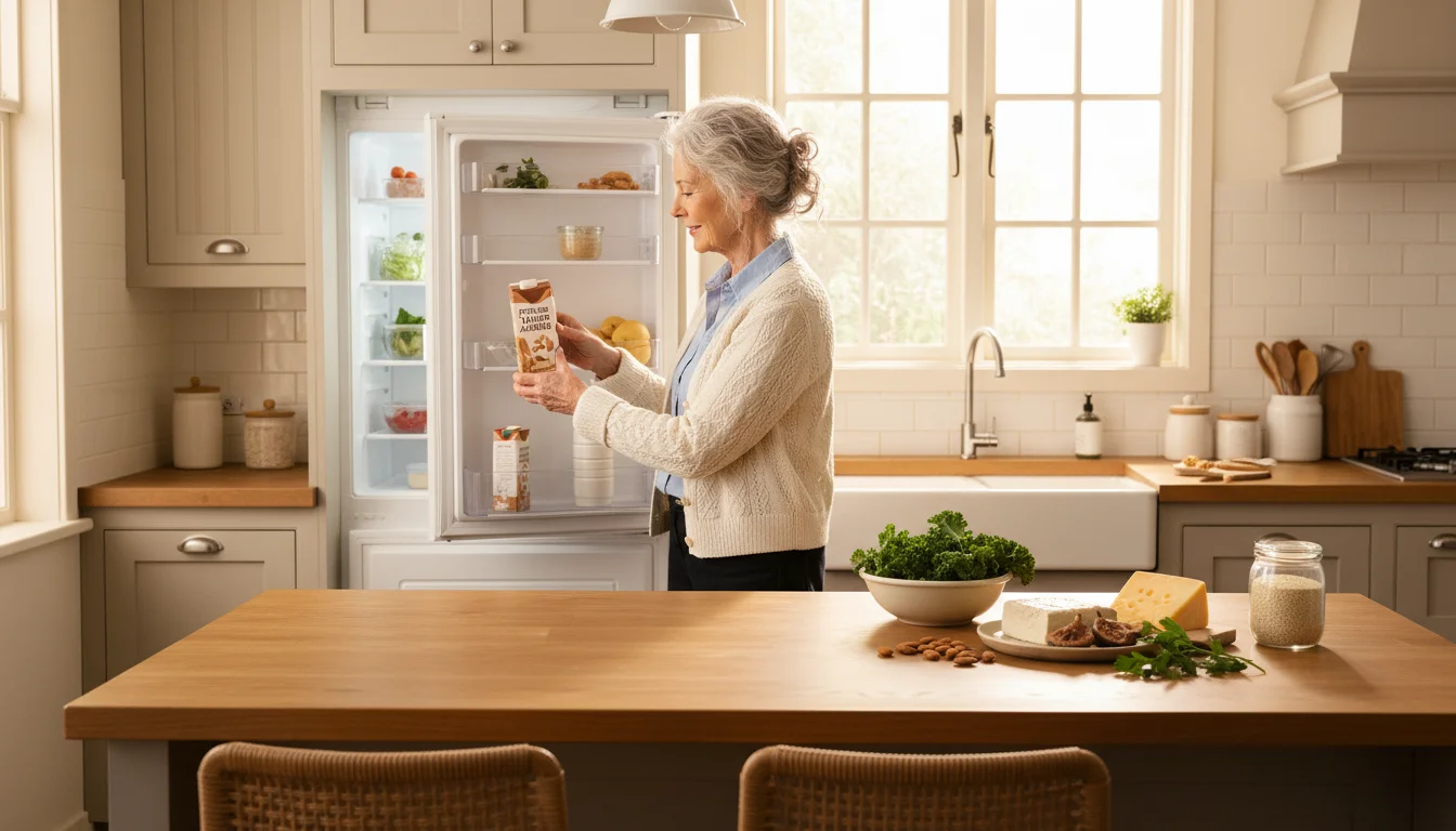 An older woman in a warm kitchen places almond milk in a fridge. Kale, yogurt, and orange juice are on the counter.