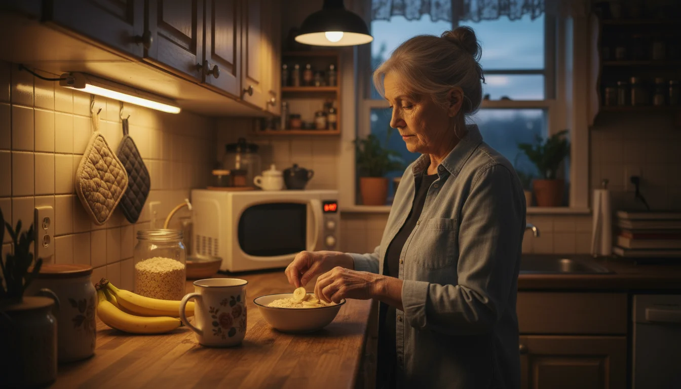 An older woman in a warm kitchen, preparing a small bowl of oatmeal with banana for an evening snack, with a clock showing 7 PM in the background.