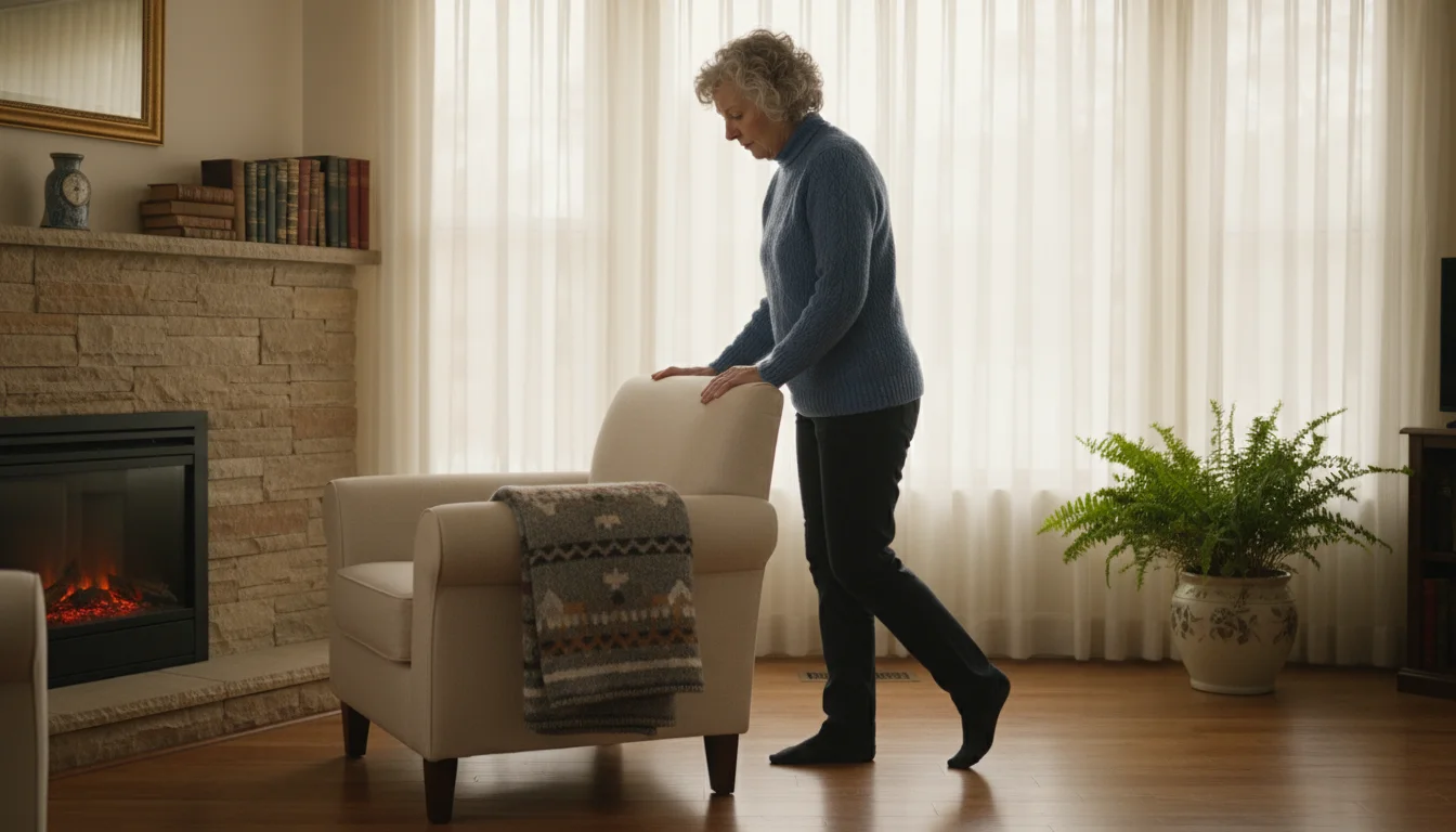 An older woman in a warm living room gently holds an armchair for support, practicing balance by lifting one foot slightly.