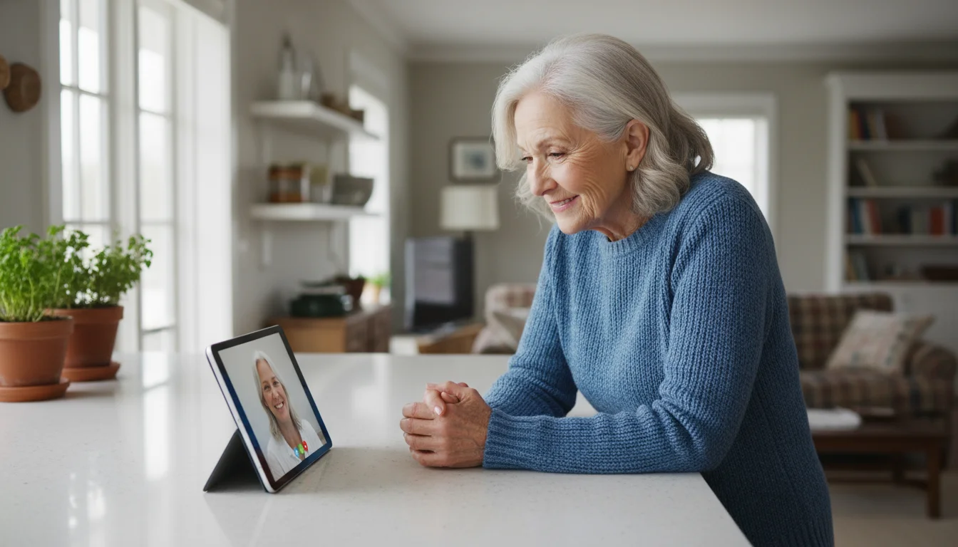 An older woman with a warm smile is looking at a tablet propped on a kitchen counter, engaged in a video call.