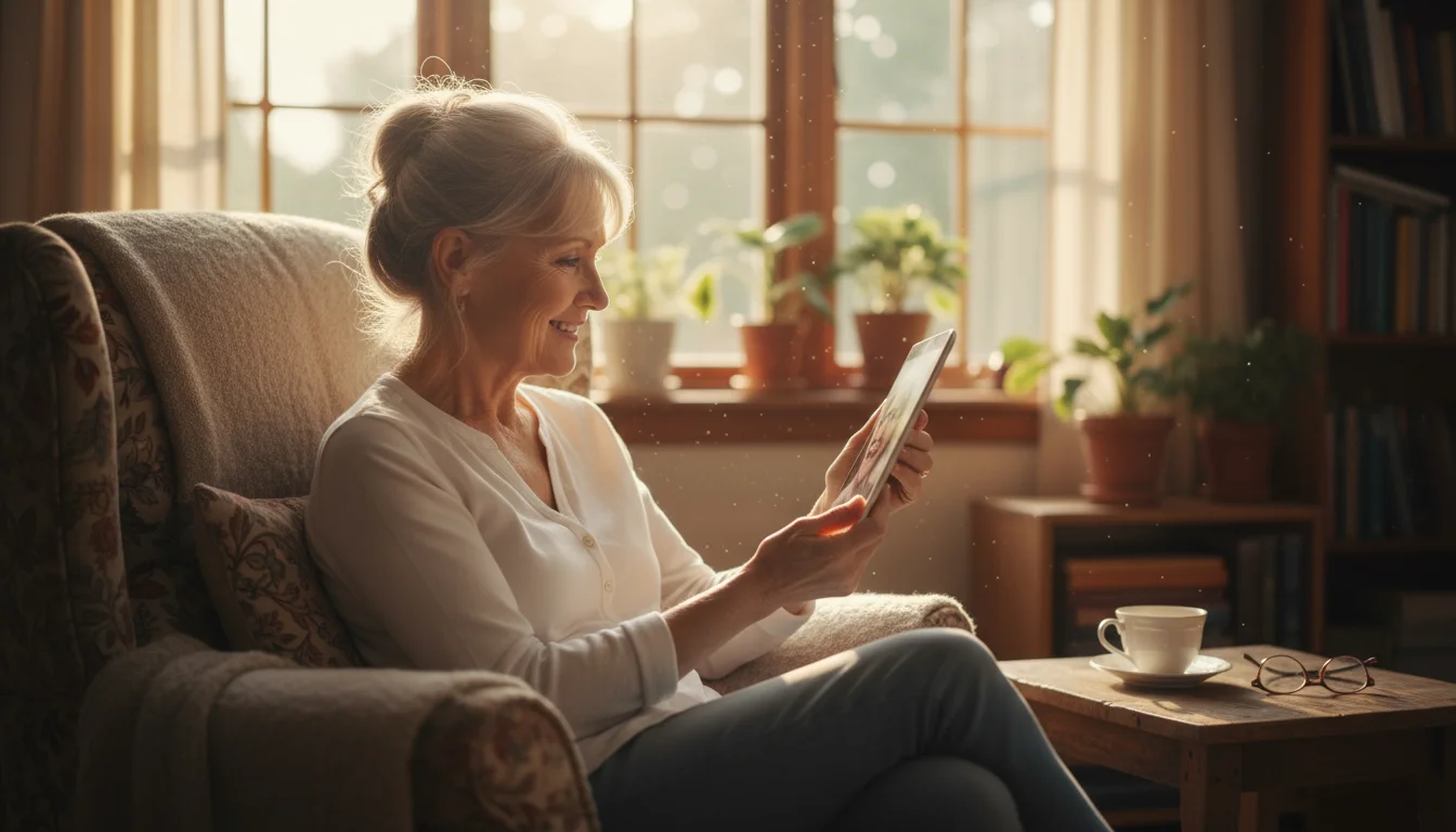 An older woman with a warm smile video calls on a tablet in her living room, connecting with family.