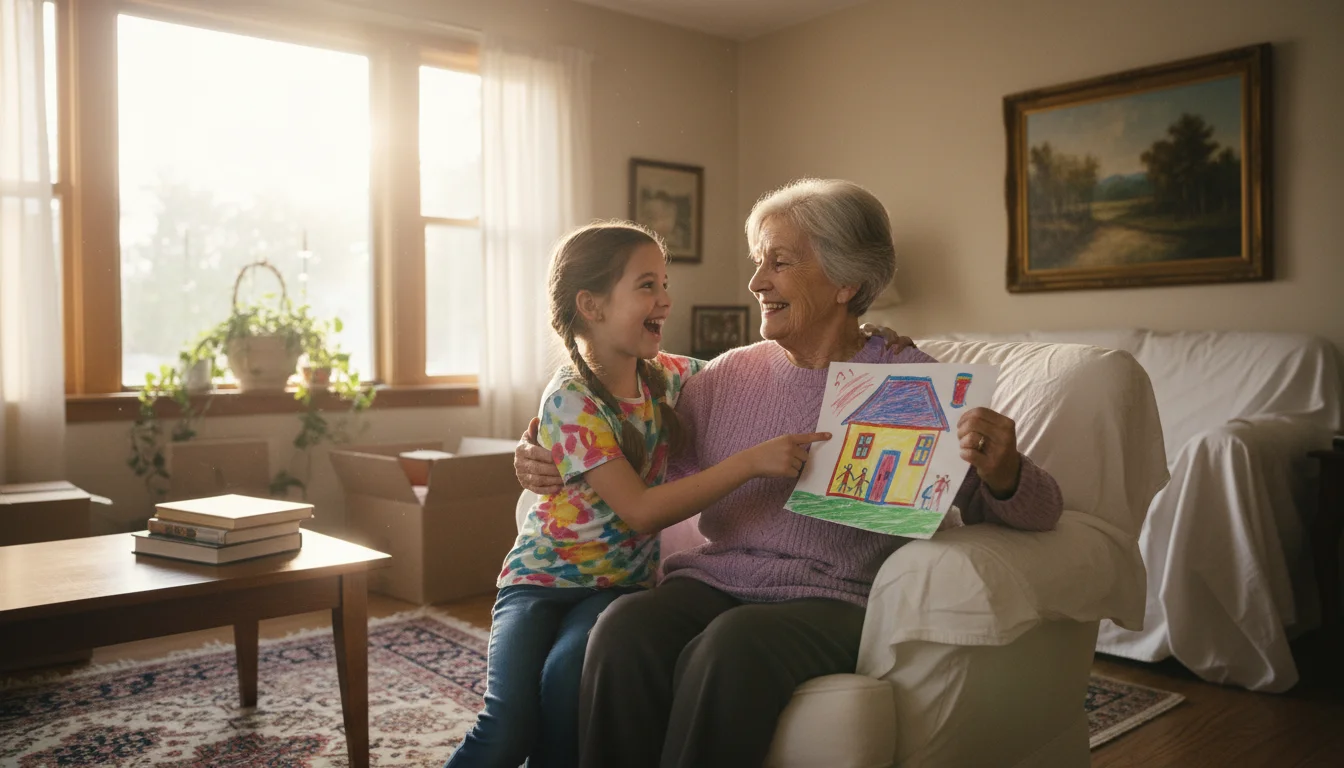An older woman warmly embraces her granddaughter on an armchair, looking at a drawing in a sunlit living room. A moving box is in the background.