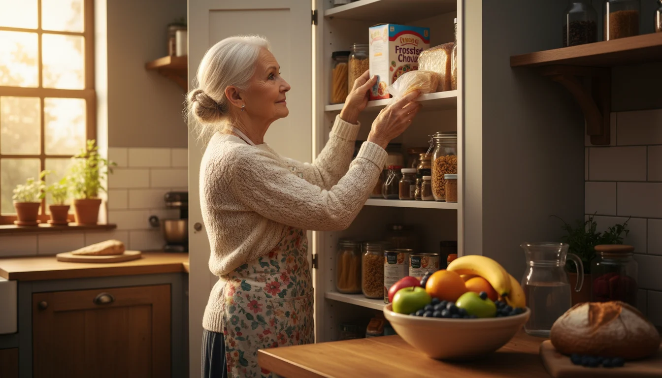 Older woman in a warmly lit kitchen putting a box of sugary cereal and white bread into a pantry, a fruit bowl on the counter.