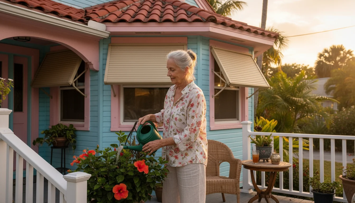 An older woman (60s/70s) watering hibiscus on the porch of a pastel Florida bungalow; neatly rolled hurricane shutters are visible on windows.