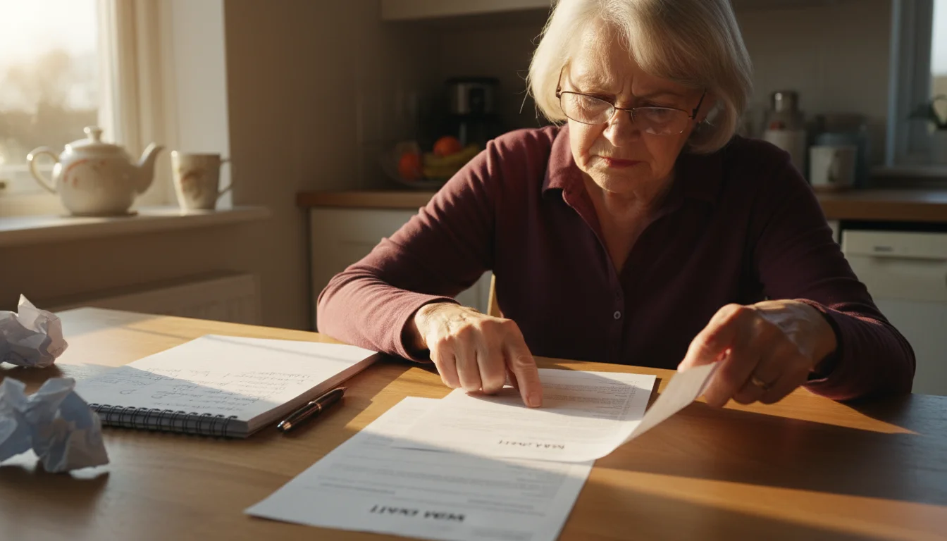 Older woman wearing glasses intently reviews a long itemized medical bill at her kitchen table, with a notepad and pen nearby.