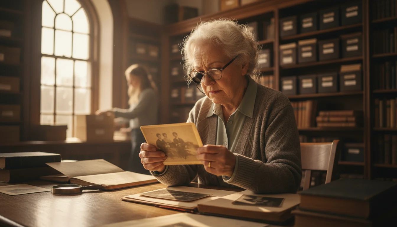 An older woman wearing glasses carefully scans an old photograph at a desk in a historical archive room, surrounded by shelves.