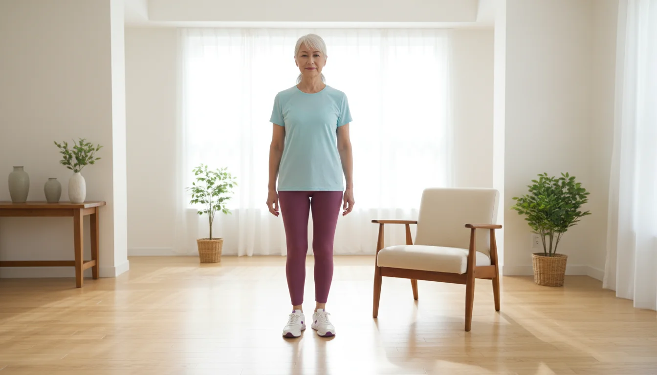 An older woman wearing supportive athletic shoes stands in a bright, uncluttered living room, with a stable armchair nearby for balance support.