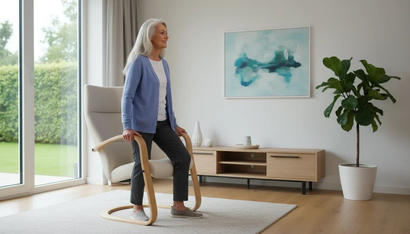 Older woman in a well-lit living room standing up from a modern armchair, using its sturdy wooden armrests for support.