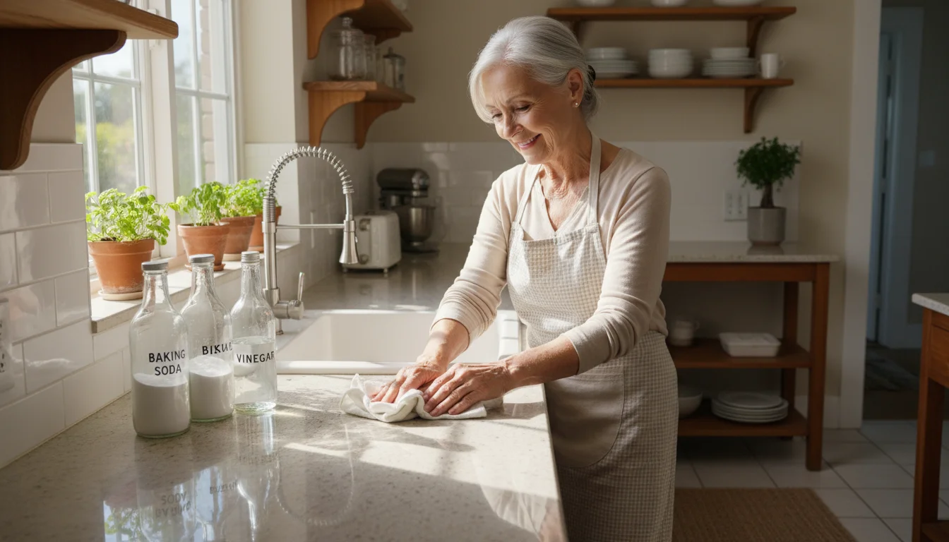 An older woman wipes a kitchen counter. Simple, affordable cleaning supplies like baking soda and vinegar are visible.
