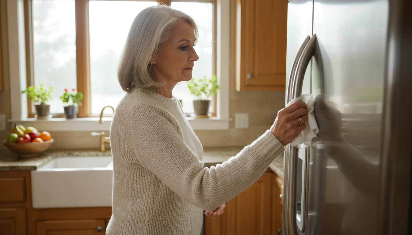 Older woman wiping a stainless steel refrigerator handle with a white kitchen wipe.