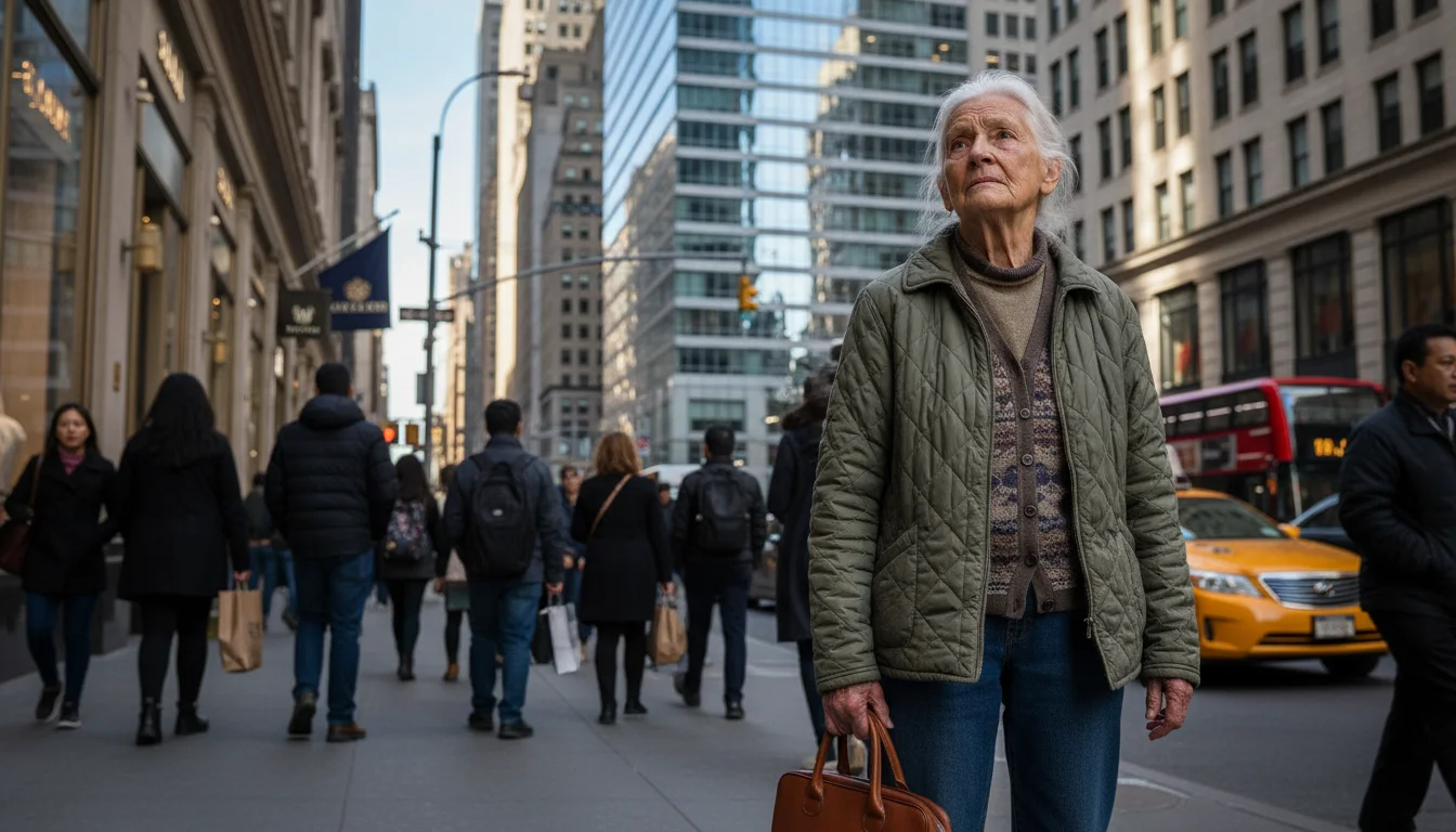 An older woman in a worn jacket stands on a New York City sidewalk, looking up at a tall, modern glass building.