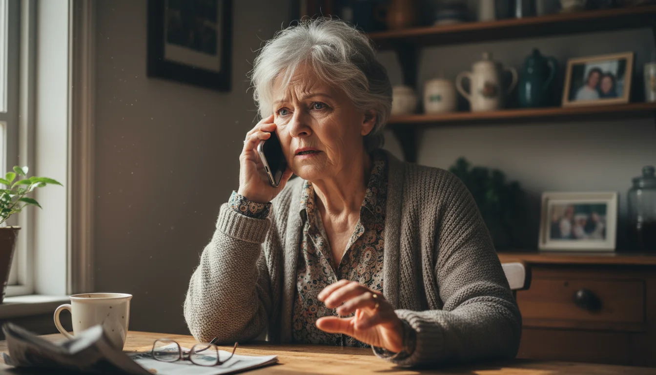 An older woman, with a worried expression, holds a smartphone to her ear, while her other hand hovers over an open laptop displaying a suspicious emai