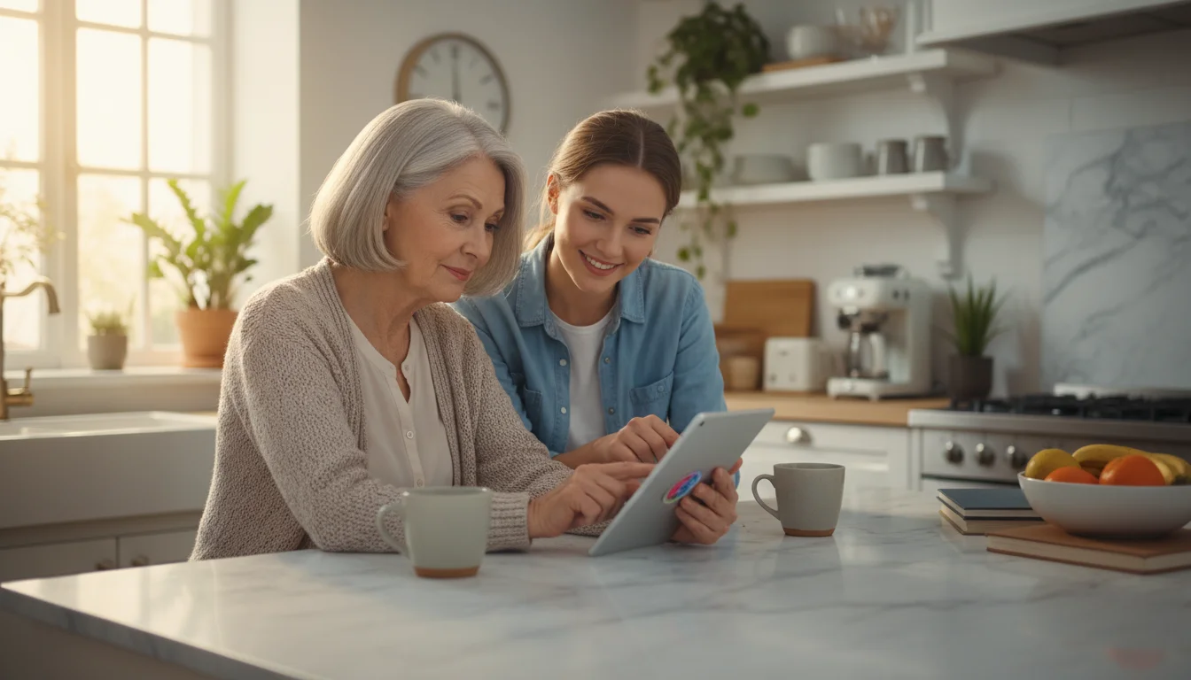 An older woman and a young adult sit at a kitchen island, focused on a tablet screen. The young adult points to an app.