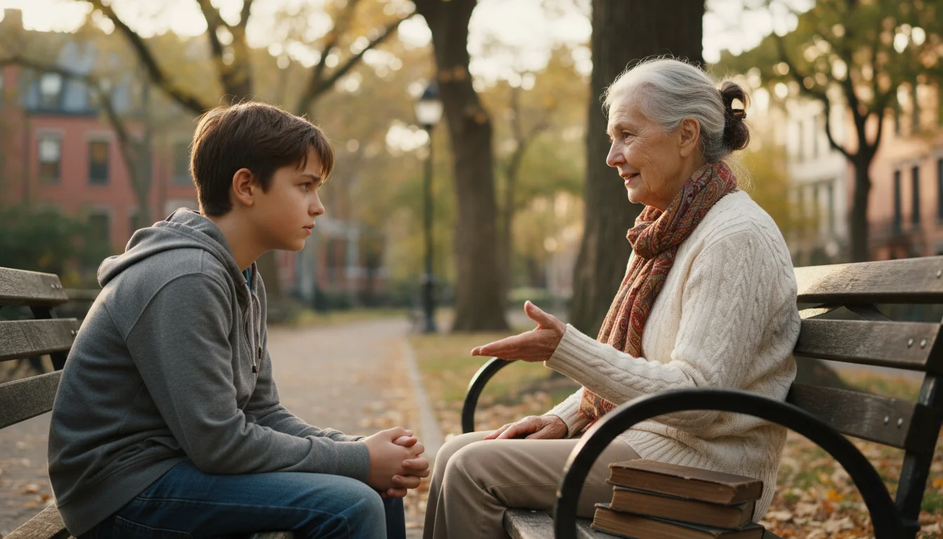 An older woman and a young boy sit on a park bench, engaged in warm conversation. Soft light, green trees in background.