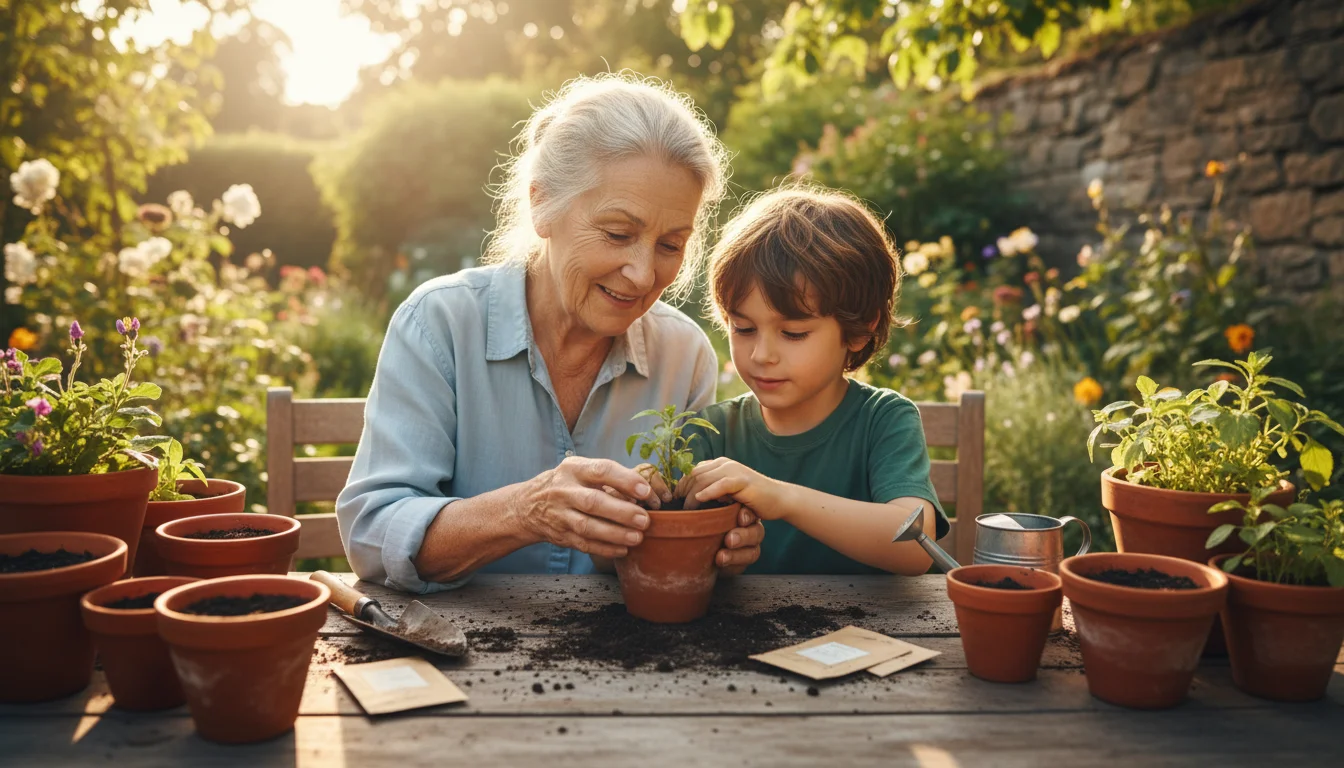 An older woman and a young boy smiling and focused as they plant a small herb seedling together in a terracotta pot on an outdoor table.