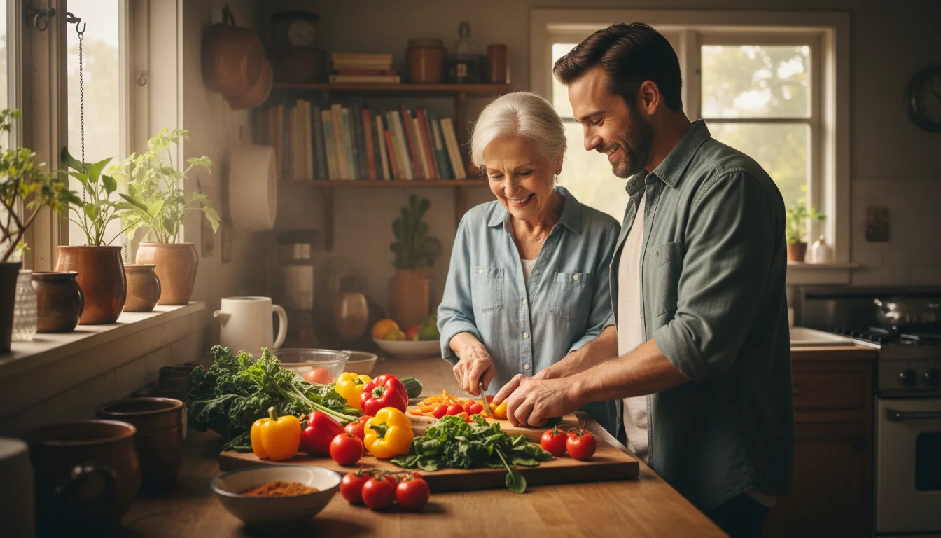 An older woman and a younger man chop colorful vegetables on a kitchen counter. A small bowl of cooked chicken is nearby.