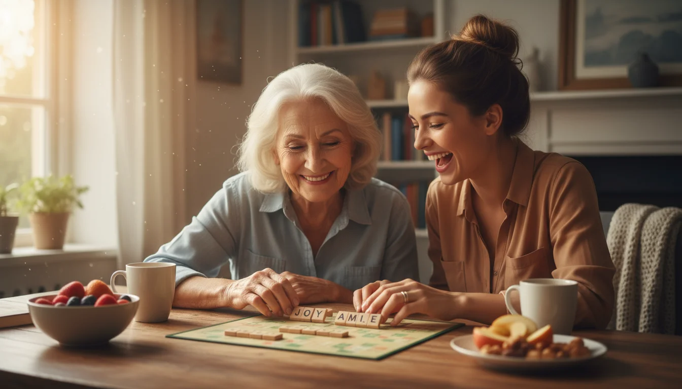 Older woman and younger woman laughing while playing Scrabble at a table with healthy snacks. Sunlight streams from a window.