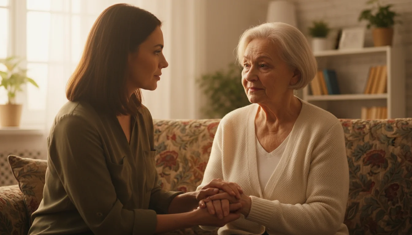 An older woman and a younger woman sit together on a sofa, holding hands gently, sharing a moment of quiet support.