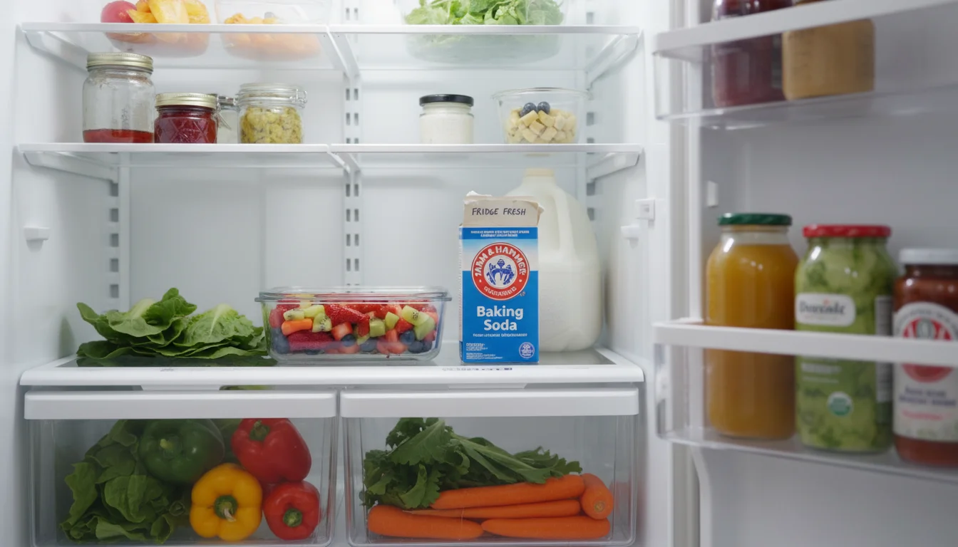 An open box of baking soda sits on a shelf inside a clean refrigerator, behind a container of fruit and milk.