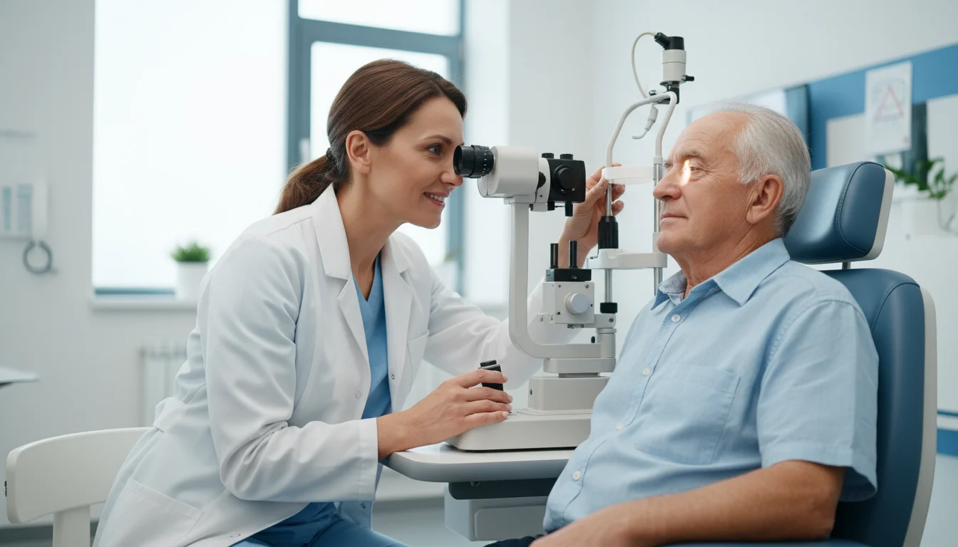 An ophthalmologist uses a slit lamp to examine the eye of an older male patient during a dilated eye exam.