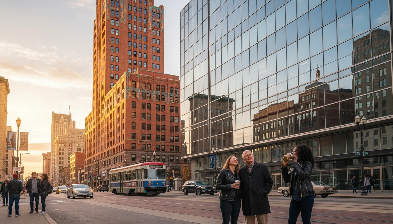 An ornate Art Deco skyscraper and a modern glass building side-by-side in downtown Detroit with diverse pedestrians walking below.
