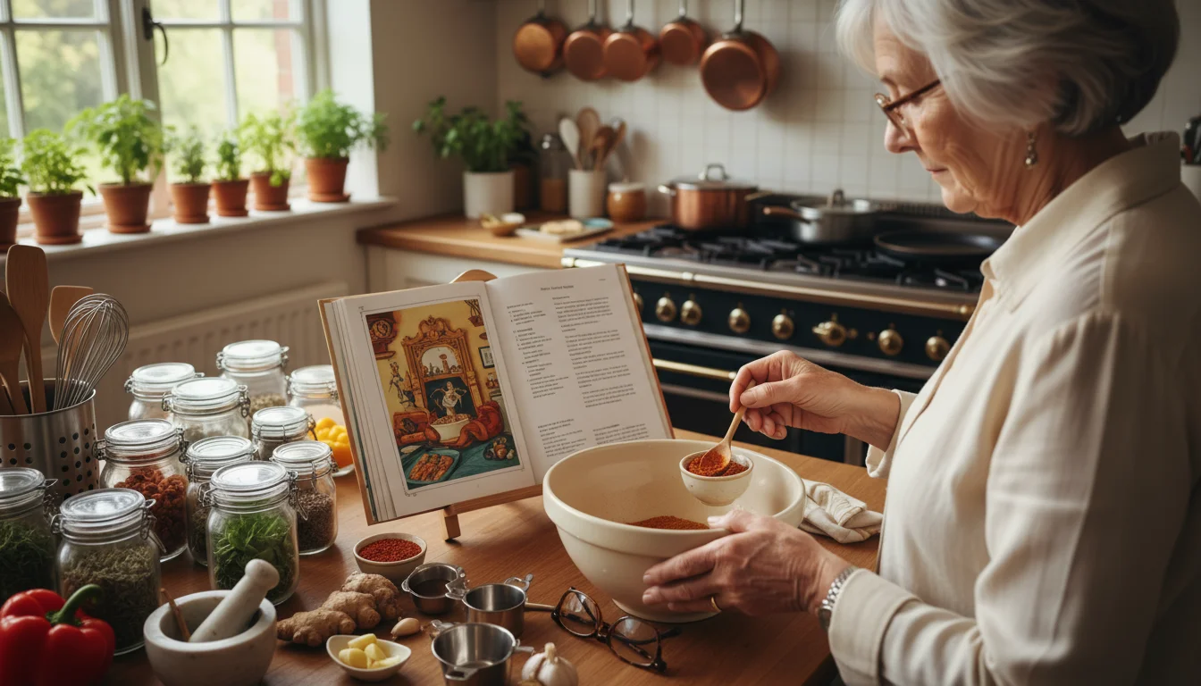 An over-the-shoulder view showing a senior woman's hands carefully adding ingredients to a mixing bowl, with an open cookbook nearby.
