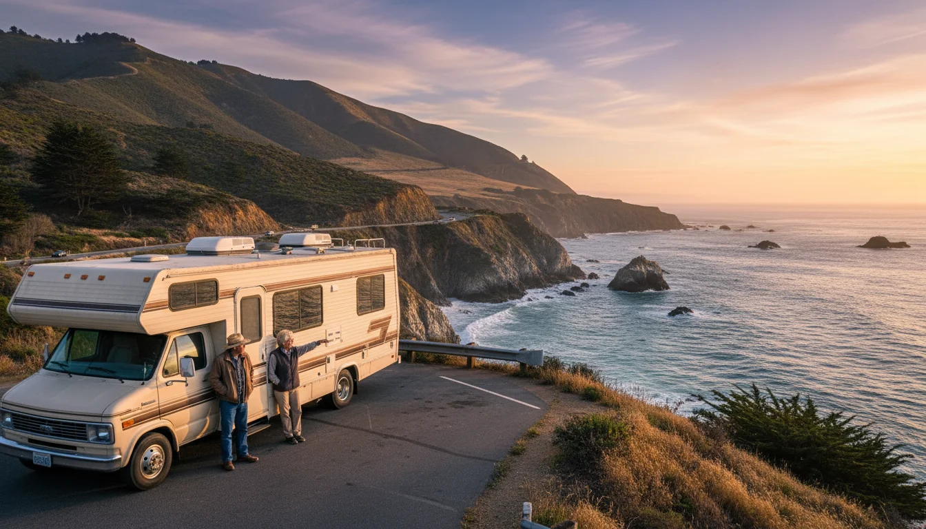 Medium RV parked at a Big Sur cliff overlook on PCH. An older man and woman stand by the RV, admiring the vast ocean vista.