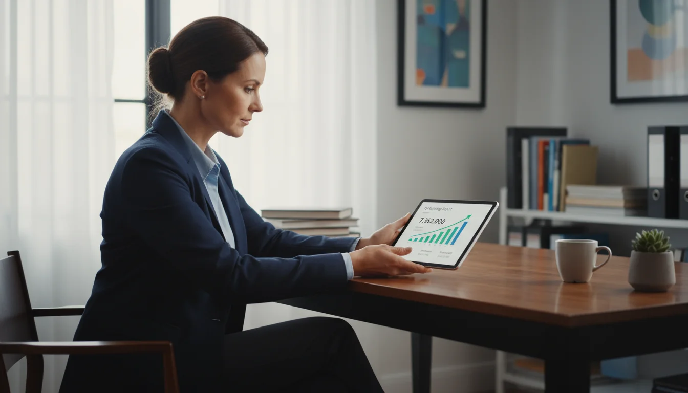 A person in their late 40s, wearing smart casual, deeply focused on reviewing a digital financial document on a tablet in a home office.