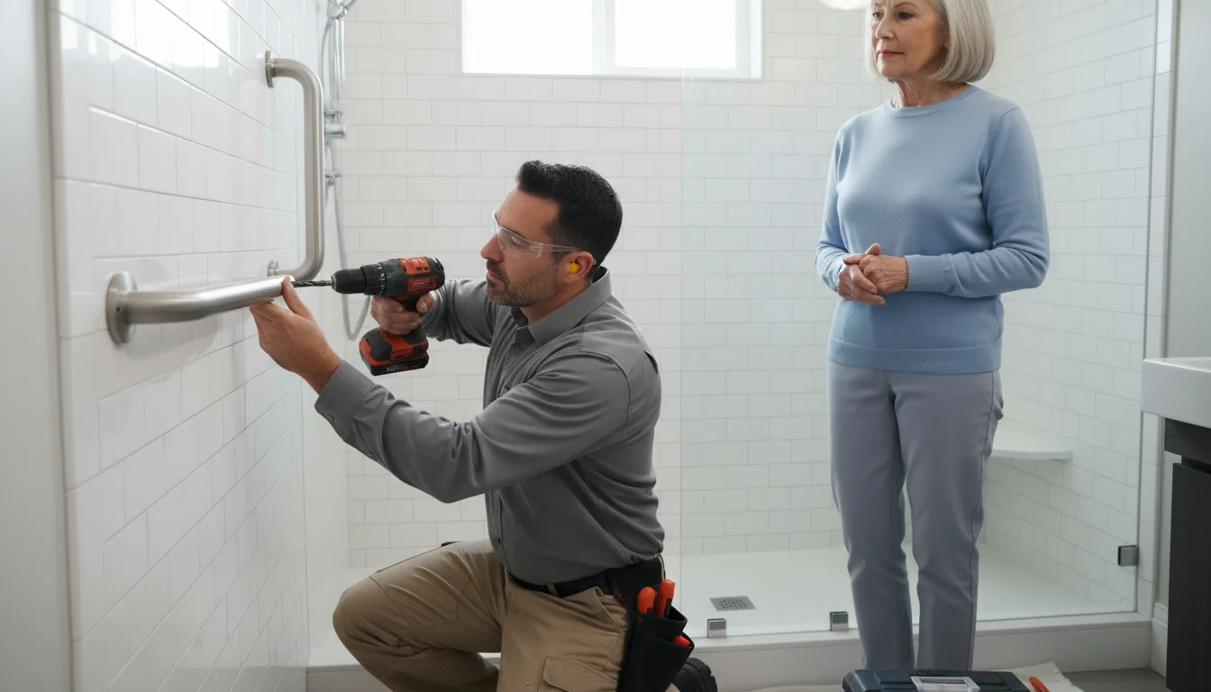 A professional contractor diligently installs a brushed-nickel grab bar in a modern bathroom, observed by an older woman.