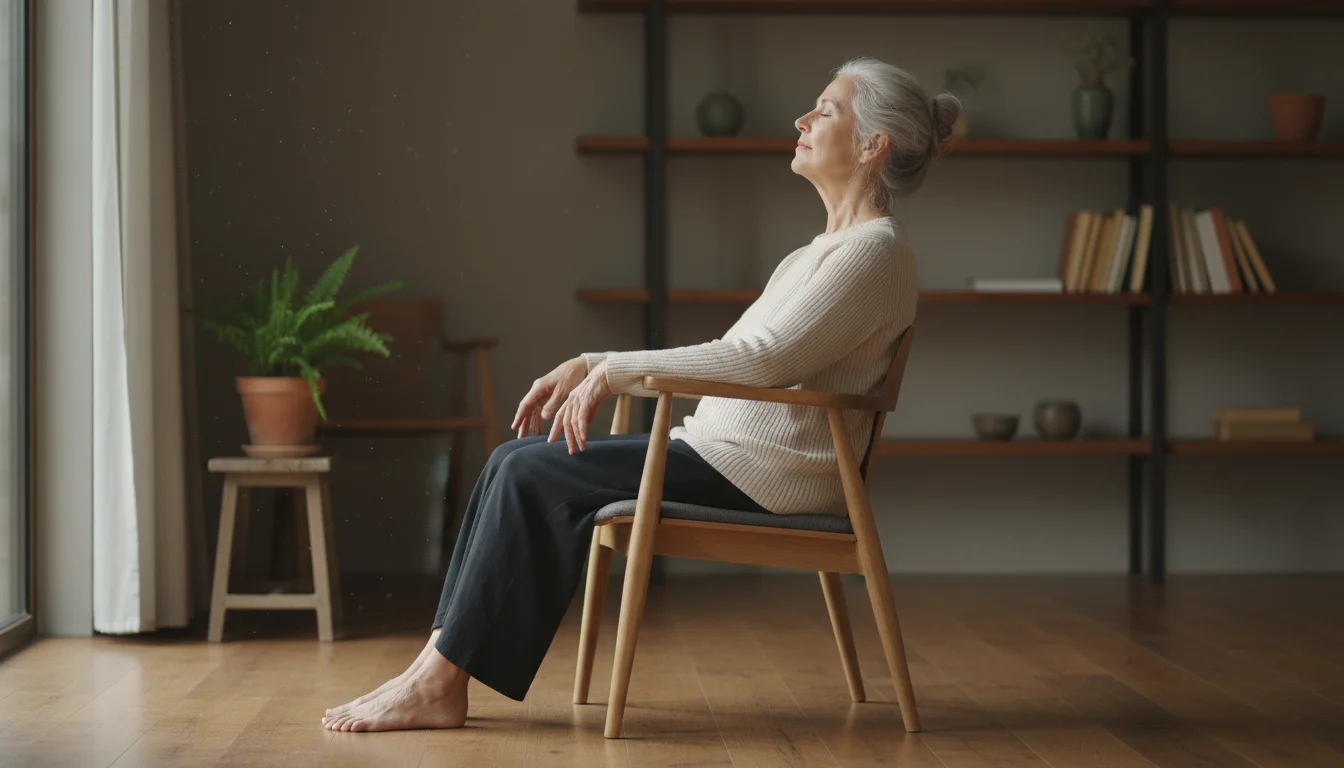 Profile of an older woman with eyes closed, seated calmly in a chair, hands in lap, feet flat on the floor. Soft light illuminates her peaceful face.