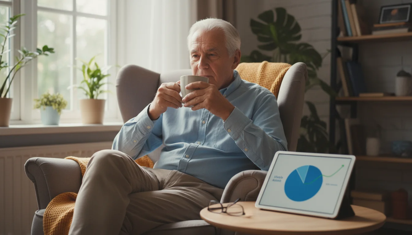 A relaxed older man in an armchair by a window. A tablet on a nearby table shows simplified financial charts, with a large blue segment for stable inv